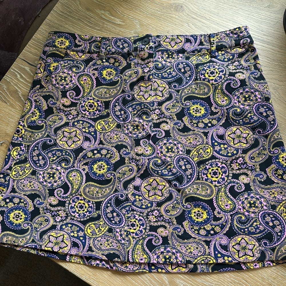 ModCloth Paisley Print Mini Skirt A line Womens 16 Pink/Blue Pockets Zip Fly